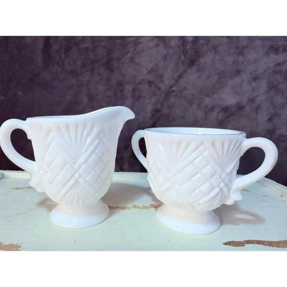 Vintage Milk Glass Creamer & Sugar Bowl Set Quilt Pattern Pedestal Base